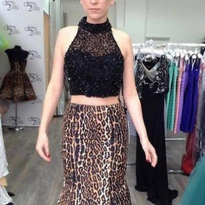 Leopard High Neck Mermaid Satin Two Pieces Prom..