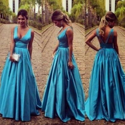 Blue Long A-line Straps Taffeta Prom Dresses 2017..