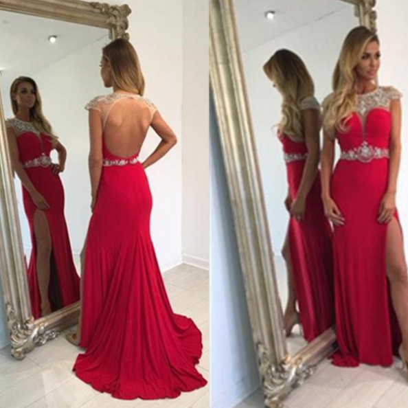 Red Long Capped Sleeves Split Backless Beading Prom Dresses 2017 #sku:101983